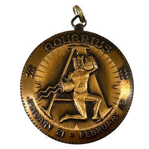 Vintage Aquarius Zodiac Coin Pendant Bronze Astrology Medallion Taurus Reverse